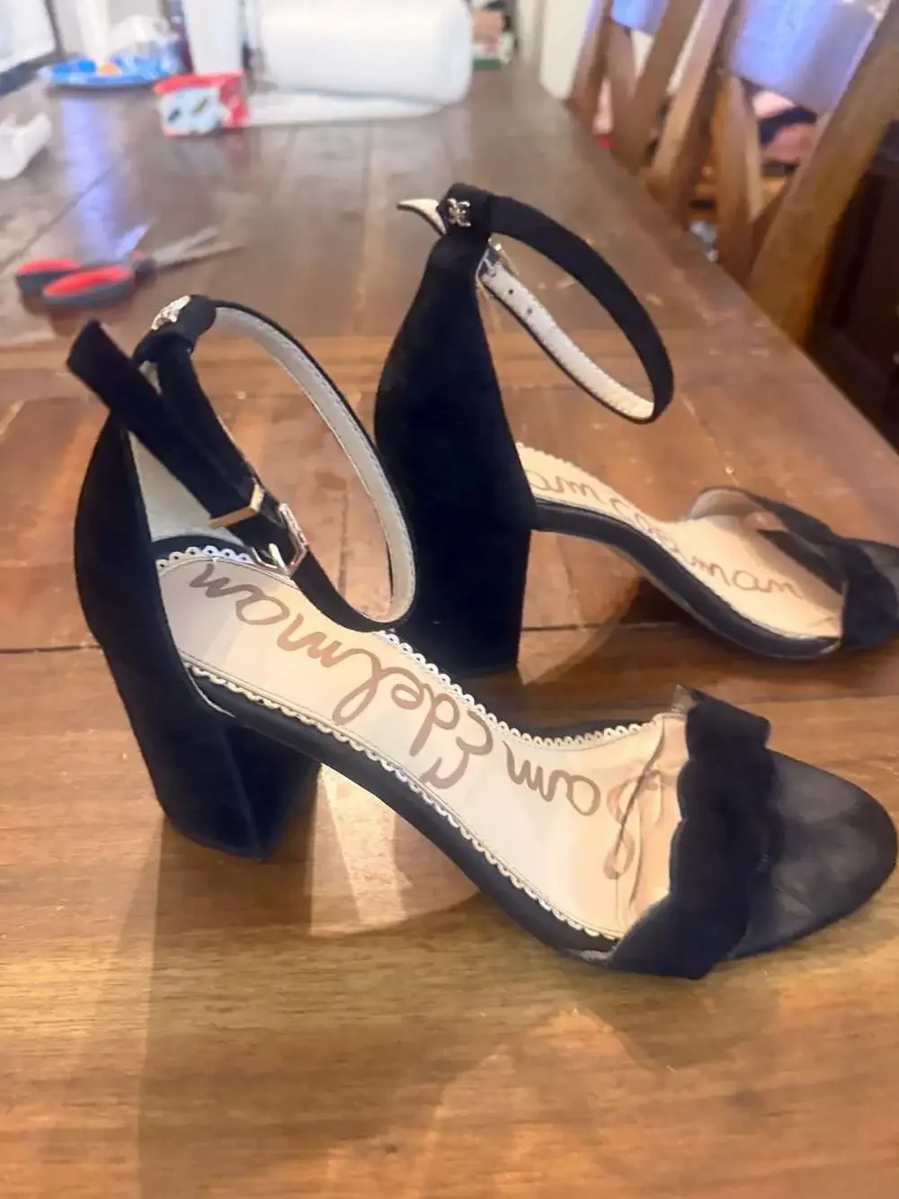 Sam Edelman Odila Black Suede Scallop Block Heel Sandals Women 8.5 Ankle Strap